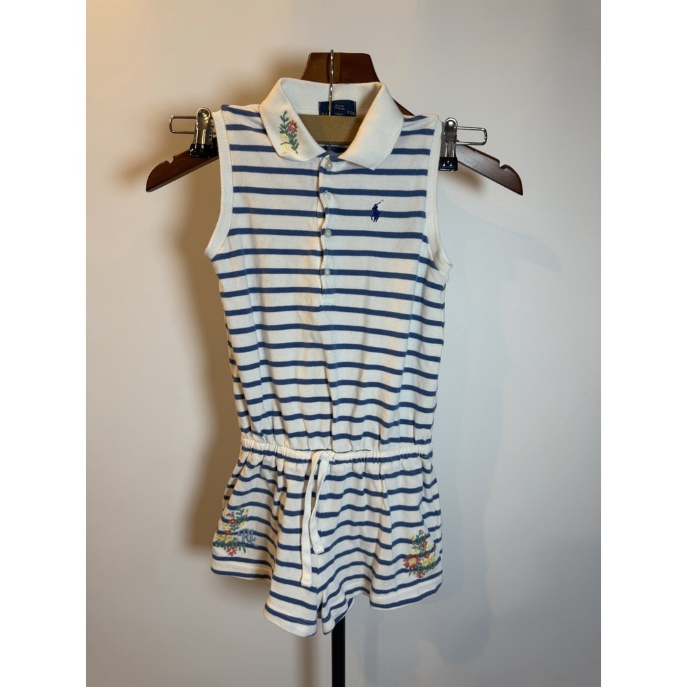 Polo Ralph Lauren Big Girl Sleeveless Floral Embroidered Stripe Mesh Romper 6xl